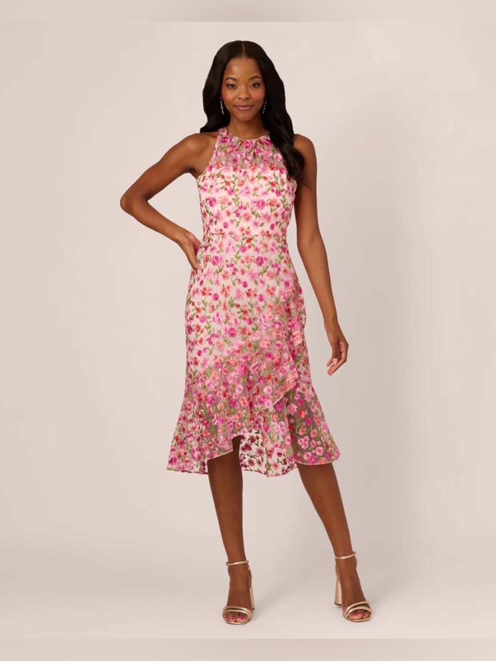 NWT Adrianna Papell Floral Embroidered Flounce Halter Pink Multi Dress Size 10 - Picture 4 of 16